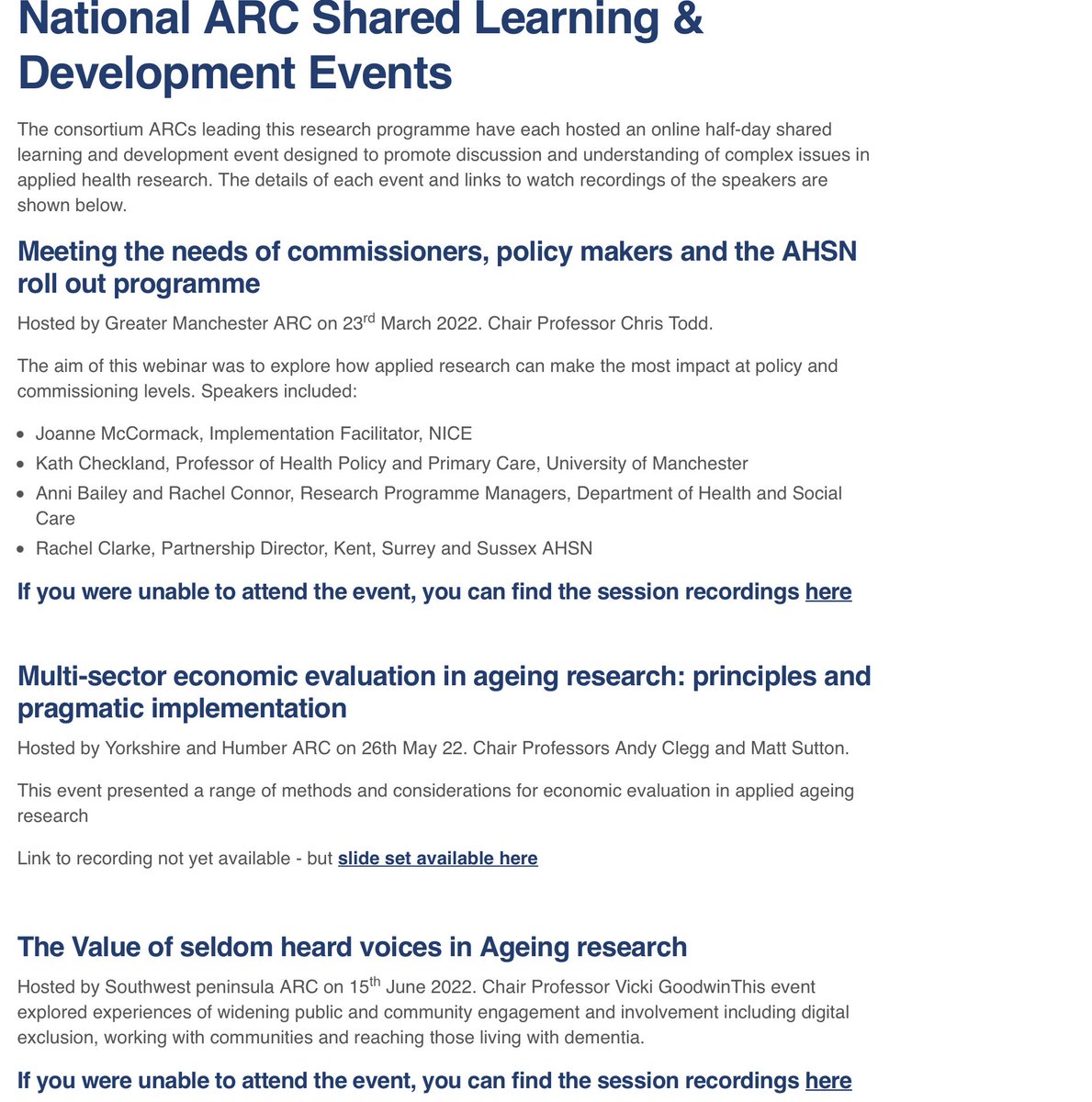 The team behind the Ageing, Dementia & Frailty National Priority Prog have out together a series of online events looking at commissioners, policy @AHSNNetwork Economic evaluation & seldom heard voices @SouthamptonGeri @JackieLearning @VickiG_physio ➡️ arc-wx.nihr.ac.uk/research-areas…