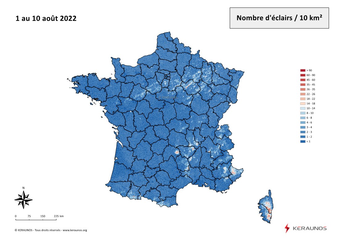 Le déficit d'#orages s'est poursuivi durant la 1ère décade d'août (31531 éclairs détectés, soit -75% par rapport aux 10 dernières années). L'essentiel de l'activité orageuse s'est concentrée sur les reliefs, notamment sud des Alpes et Corse. 