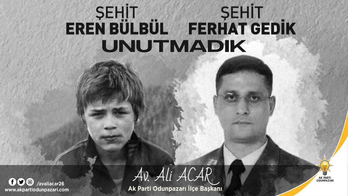 Av.Ali ACAR🇹🇷 (@avaliacar26) on Twitter photo 2022-08-11 13:27:09 5 yıl önce,15 yaşındayken hain teröristlerin yerini gösteren #ErenBülbül ve onu korumak için şehit olan #FerhatGedik 'i rahmet ve minnetle anıyorum. 5 yıl önce,15 yaşındayken hain teröristlerin yerini gösteren #ErenBülbül ve onu korumak için şehit olan #FerhatGedik 'i rahmet ve minnetle anıyorum.