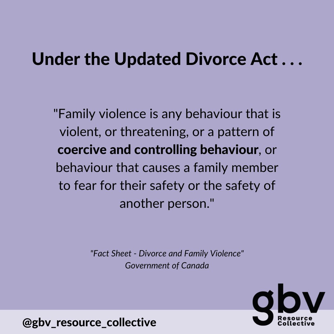 Canada's #DivorceAct was amended in 2021, and many of its changes were created to help parents, caregivers, judges, and children navigate #FamilyViolence custody cases. It includes:

#Coercive control
#Abuse witnessed by (not necessarily inflicted upon) children

#EndViolence