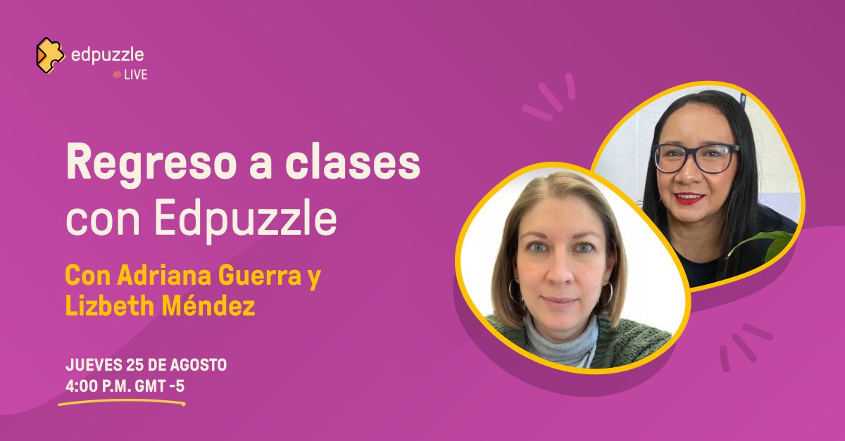 Edpuzzle (español) (@edpuzzle_es) on Twitter photo ¿Necesitas inspiración para este regreso a clases?✨
💛 Edpuzzle te tiene cubierto 💛
¡Únete a nuestro #EdpuzzleLIVE, y comencemos esta temporada de regreso a la escuela con la Psic. Adriana Guerra y <a href="/lizeduca2001/">Lizbeth Mendez</a> ! 🎉
🔗 No olvides registrarte en bit.ly/3cSY3EE ¿Necesitas inspiración para este regreso a clases?✨
💛 Edpuzzle te tiene cubierto 💛
¡Únete a nuestro #EdpuzzleLIVE, y comencemos esta temporada de regreso a la escuela con la Psic. Adriana Guerra y <a href="/lizeduca2001/">Lizbeth Mendez</a> ! 🎉
🔗 No olvides registrarte en bit.ly/3cSY3EE