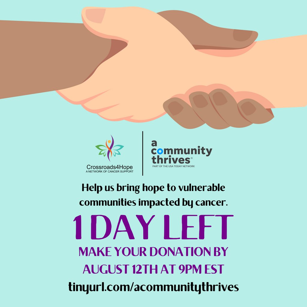 Crossroads4Hope (@cr4hope) on Twitter photo There's only ONE DAY LEFT to help us win one of the Top 3 Fundraiser Grants of this year's <a href="/ACThrive/">A Community Thrives</a> Crowdfunding Challenge! Please visit tinyurl.com/acommunitythri… to make your donation by August 12th at 9PM EST. You can also donate by texting 'CR4H' to 844-844-6844. There's only ONE DAY LEFT to help us win one of the Top 3 Fundraiser Grants of this year's <a href="/ACThrive/">A Community Thrives</a> Crowdfunding Challenge! Please visit tinyurl.com/acommunitythri… to make your donation by August 12th at 9PM EST. You can also donate by texting 'CR4H' to 844-844-6844.