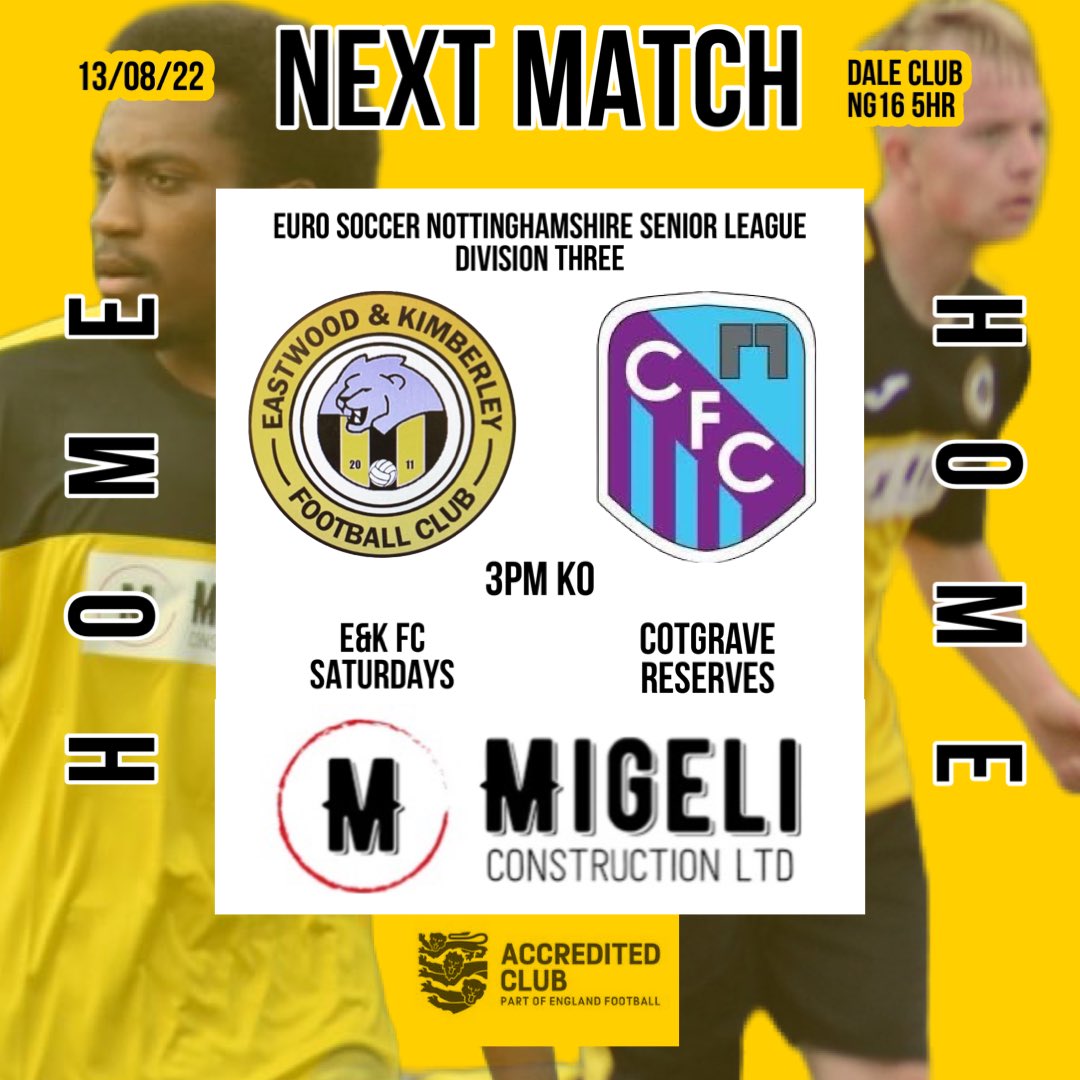 𝙉𝙀𝙓𝙏 𝙈𝘼𝙏𝘾𝙃 - 𝙎𝙀𝘼𝙎𝙊𝙉 𝙊𝙋𝙀𝙉𝙀𝙍 🟡⚫️

It’s almost time…⏳

This Saturday at our 🆕 home, our 🆕 side will be starting a 🆕 adventure! 

Bar Open &amp; Pitchside Tables 🍻

We look forward to welcoming all from <a href="/cotgrave_senior/">Cotgrave F C Senior</a> Res 🤝

Up the E&amp;K 🦁

#enkfc