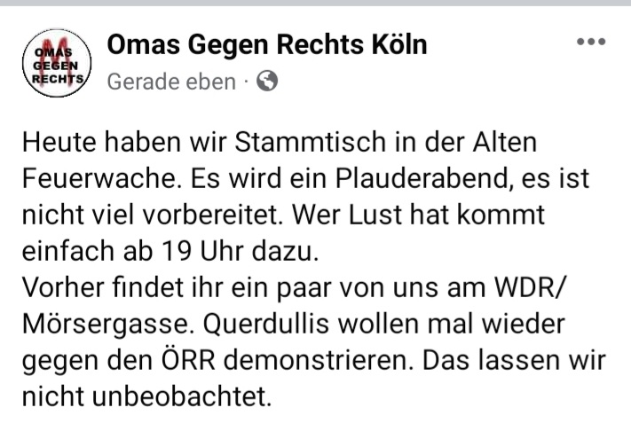 KolnOmas's tweet photo. Kommt 17 Uhr zum WDR.
Heute in der Mörsergasse.
Querdenker wollen erneut gegen den ÖRR protestieren. Das lassen wir nicht zu und stellen uns vor unser aller Lieblingsmaus. #K1108
@WDR https://t.co/roIauWhcPp