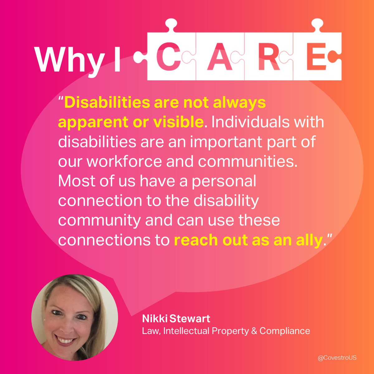 Did you know that disabilities aren't always visible? 👀

Our CARE employee resource group aims to raise awareness about visible &amp; non-apparent #disabilities while highlighting unique skills that people with disabilities possess. Learn why Nikki Stewart CARES: 

#LifeAtCovestro