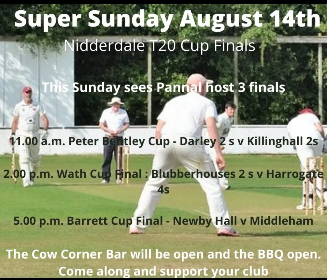 Pannal Cricket Club (@pannalcc) on Twitter photo Nidderdale League 20/2O finals days at Pannal this Sunday. Bar and BBQ open from 11am. <a href="/Nidderdale1894/">Theakston Nidderdale Amateur Cricket League</a> <a href="/DarleyCC/">Darley Cricket Club</a> <a href="/NewbyHallCC/">Newby Hall C.C.</a> <a href="/KillinghallCC/">KillinghallCC</a> <a href="/BlubberhousesCC/">Blubberhouses CC</a> <a href="/HarrogateCC/">Harrogate CC</a> Nidderdale League 20/2O finals days at Pannal this Sunday. Bar and BBQ open from 11am. <a href="/Nidderdale1894/">Theakston Nidderdale Amateur Cricket League</a> <a href="/DarleyCC/">Darley Cricket Club</a> <a href="/NewbyHallCC/">Newby Hall C.C.</a> <a href="/KillinghallCC/">KillinghallCC</a> <a href="/BlubberhousesCC/">Blubberhouses CC</a> <a href="/HarrogateCC/">Harrogate CC</a>