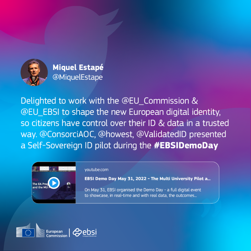 EU_EBSI's tweet photo. 2 new testimonials. 💬 One about the value of Verifiable Credentials and another made during our #EBSIDemoDay extolling the collaboration of the AOC project with #EBSI.
Keep on leaving your opinions by message and through the hashtags #EBSI or #EBSICommunity. #DigitalEU