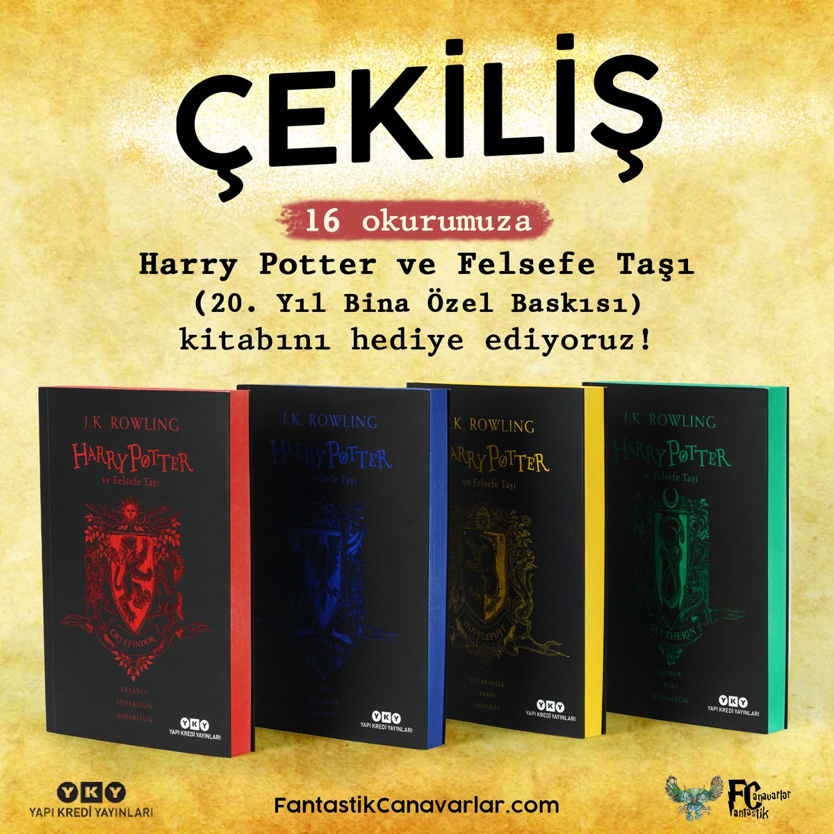 #ÇEKİLİŞ

16 şanslı okurumuza Yapı Kredi Yayınları’ndan çıkan Harry Potter ve Felsefe Taşı 20. Yıl Özel Baskısı’nı hediye ediyoruz! 

Çekiliş için
🔸<a href="/FCanavarlar/">Fantastik Canavarlar | Harry Potter</a> hesabını takip et
🔹Bu gönderiyi RT et ve beğen

SON KATILIM: 19 Ağustos

Not: Her bina için 4’er kitap bulunmaktadır.