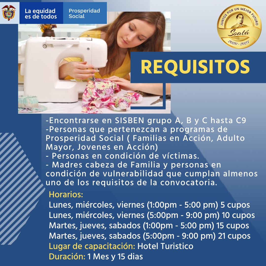 AlcaldiadeSoata's tweet photo. La Alcaldía Municipal de Soatá y el Departamento de Prosperidad Social (DPS), articulan esfuerzos con el fin de brindar capacitación a la población vulnerable de la provincia norte ⬇️.

Adquiere y fortalece conocimientos en confección, lea con atención la siguiente información ℹ https://t.co/ntdSEx46zd