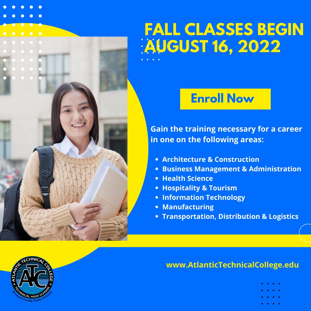 ATCTechCollege's tweet image. 5 DAYS TO GO! 

Classes begin August 16th. If you haven't registered, there is still time. For information regarding registration and orientation, visit atlantictechnicalcollege.edu/admissions-reg… or call 754-321-5200.

#ATC  #AtlanticTech #FLcolleges #workforceeducation #CoconutCreek  #GetThere