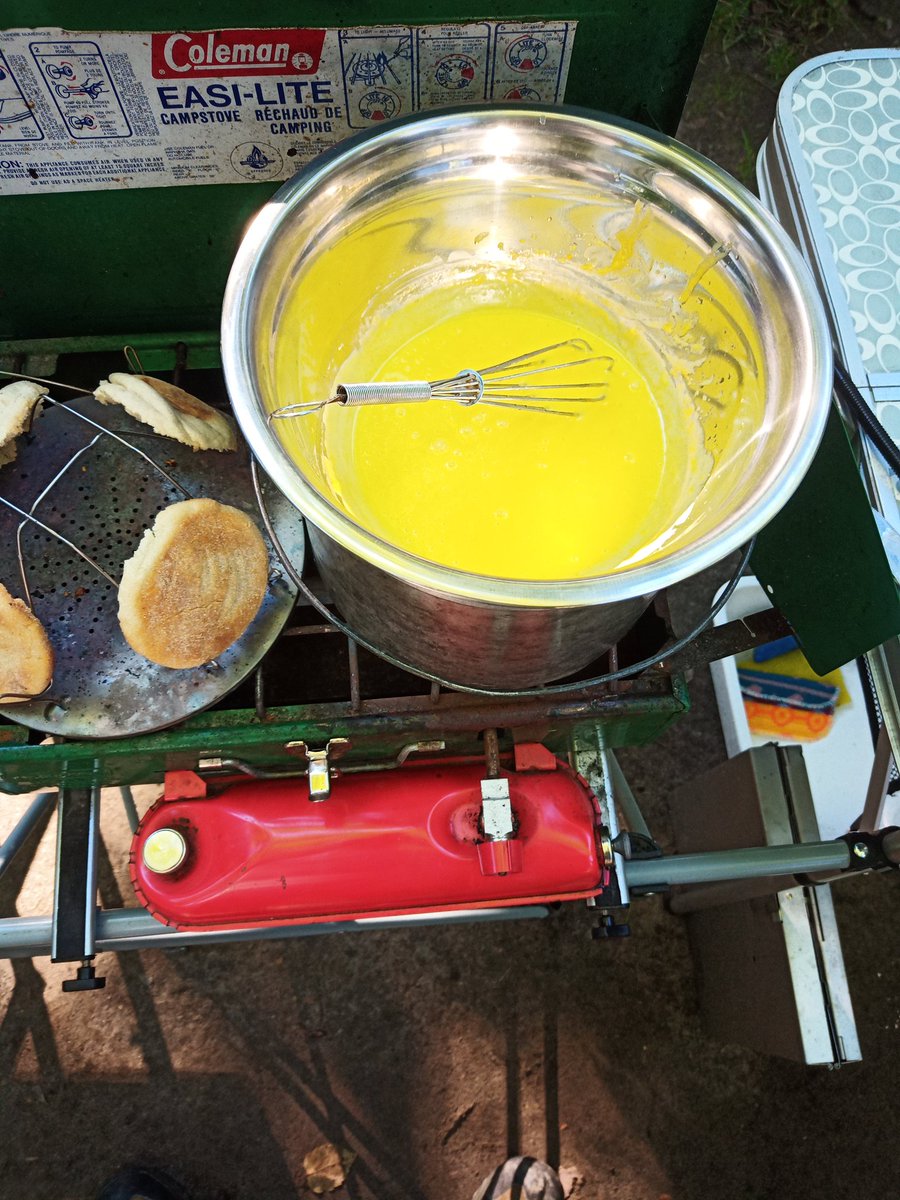 ScouterAndy's tweet image. Yes you can make Eggs Benedict from scratch on a Coleman stove... my Scouts know how!  Camp cooking with @scouterjulie and Rovers Chris and Matt; breakfast with a view at Grundy Lake! @GrundyLkPP #scoutsdostuff @scoutscanada @CECScouts