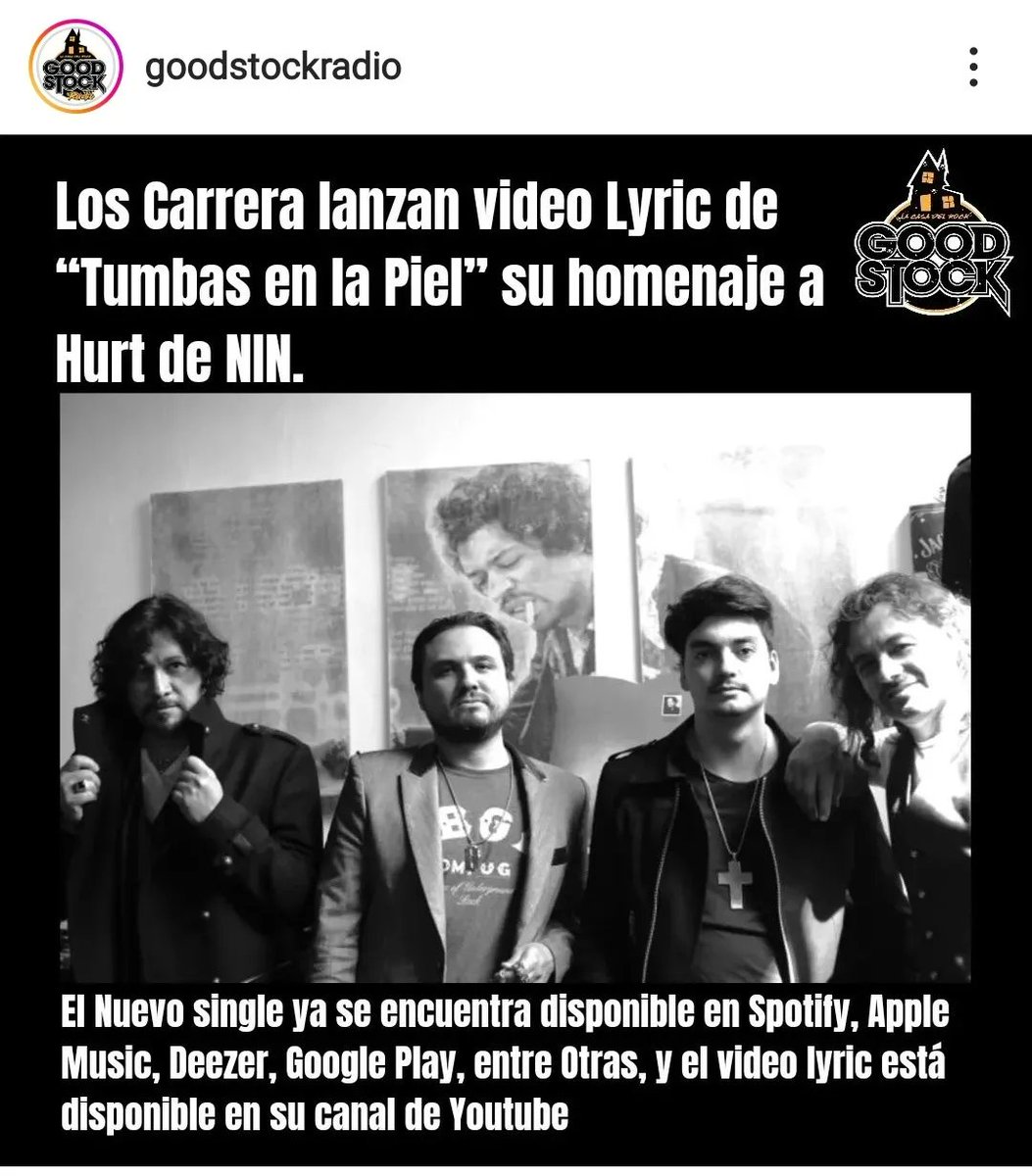 LosCarreraBanda's tweet photo. Muchas gracias a todos los medios que nos hay ayudado con la difusión de el video lyric de "Tumbas en la Piel", nuestro Homenaje de Hurt de NIN 
@futurofm 
@rockaxisoficial 
@GoodStockRadio 
Revista Sónica 

Si aún no lo ves, puedes hacerlo en el link que está en nuestro perfil https://t.co/p7G9x9AGNO