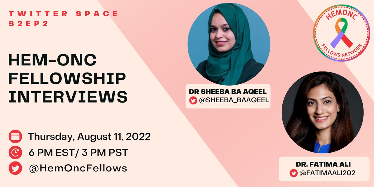 HemOncFellows's tweet photo. Join our space about #HemOnc Fellowship Interview with @sheeba_baaqeel and @fatimaali202 on Thursday, July 11 at 6 PM ET
Join our newsletter https://t.co/PwqBLBswD5
#OncTrainee #OncMedEd #HOFellows #FellowshipMatch https://t.co/0atTHqha3p