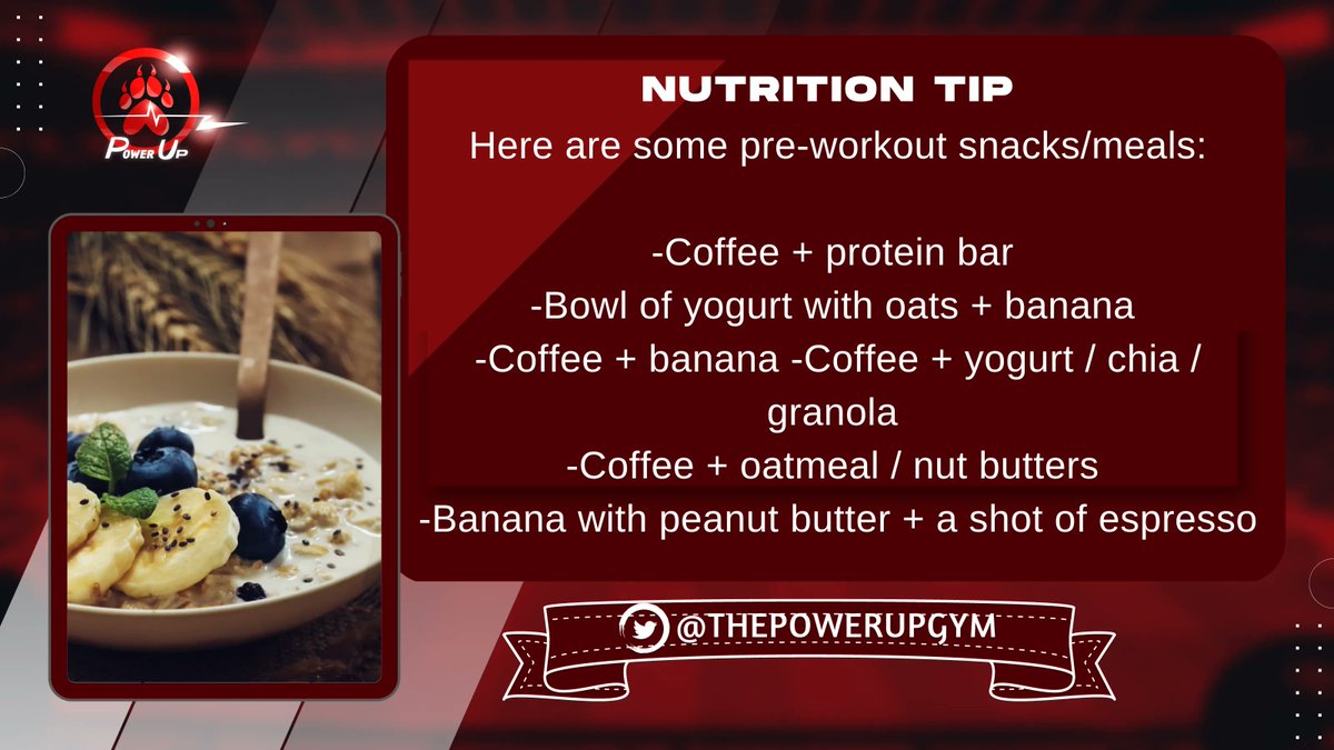 ThePowerUpGym's tweet photo. What are your go-to pre-workout snacks/meals? 😋🍽️ 

#preworkout #NFTs #preworkoutmeal #nft #coffee #proteinbar #yogurt #banana #oat #chia #peanutbutter #preworkoutsnack https://t.co/Ma0wLa80dd