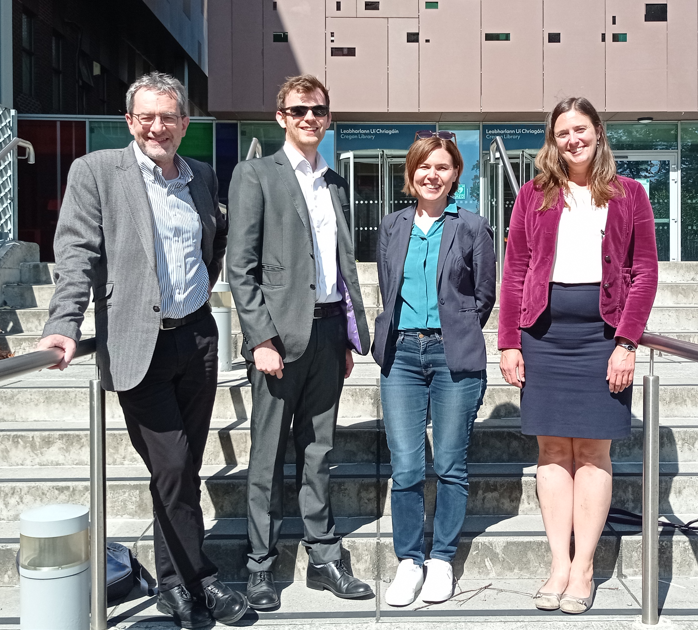 DCUHist_Geog's tweet photo. Congratulations to Andrew Dorman @AndyDormann following his successful PhD viva, pictured here with supervisor Jimmy Kelly, external examiner Catriona Kennedy and internal examiner Celeste McNamara @c_i_mcnamara enjoying the #Drumcondra sunshine! https://t.co/Qw6JJaG47U