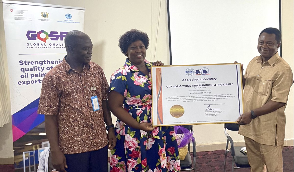 With support from the GQSP project, The  CSIR-FORIG Wood &amp; Furniture Testing Laboratory has been accredited to ISO/IEC 17025:2017. At the certificate handing-over ceremony, CTA-GQSP urged the Laboratory and management to ensure the quality of wood &amp; furniture can be assured.