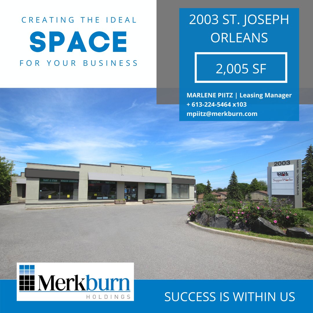 Merkburn's tweet photo. For Lease - 2,005 of SF on St. Joseph Blvd. This property has a great street front presence and easy access to the 174. Call us for a tour today! 613-224-5464 x 103 #cre #commercialrealestate https://t.co/wP74Gp5hAn