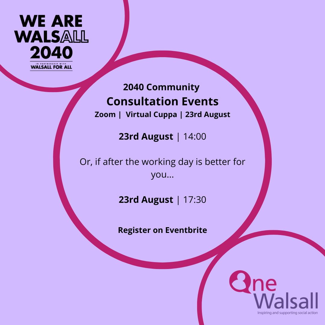 After popular demand, we have scheduled 3 more events for you to decide the future of Walsall (with one after work hours, to allow you to join at your leisure).

To register for the events:  eventbrite.co.uk/o/one-walsall-…

#WeAreWalsall #Walsall2040 #Walsall <a href="/walsallforall/">Walsall for All</a>