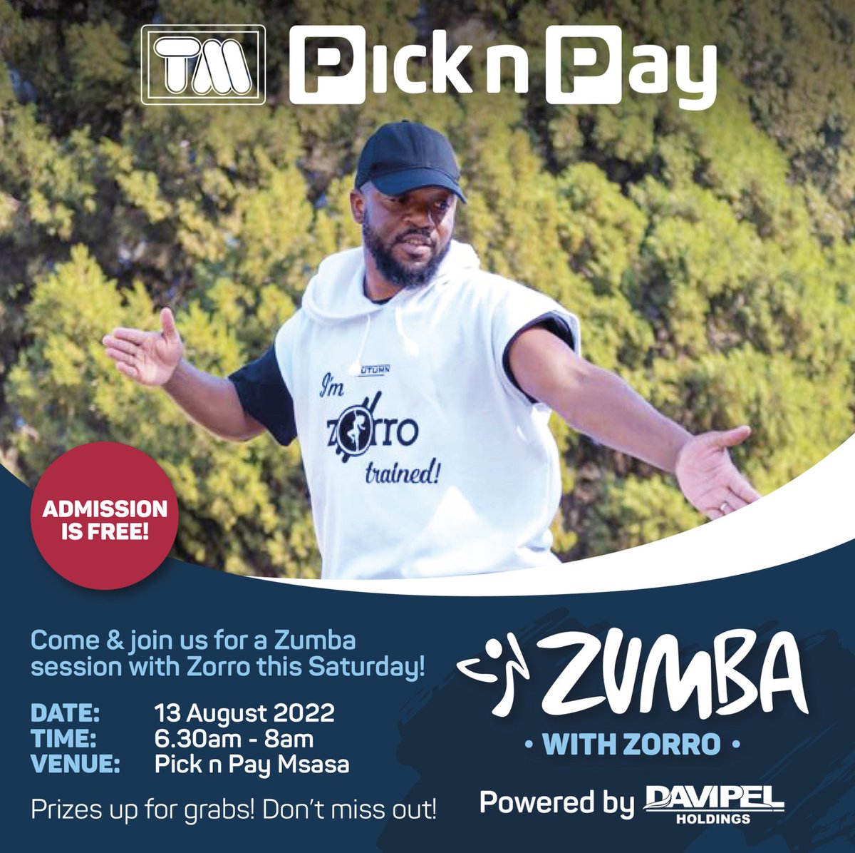 DavipelHoldings's tweet photo. Why not join us for some Zumba fun with Zorro this Saturday at Pick n Pay Msasa! 
🏋️‍♀️🕺 https://t.co/x2APW9n4r3