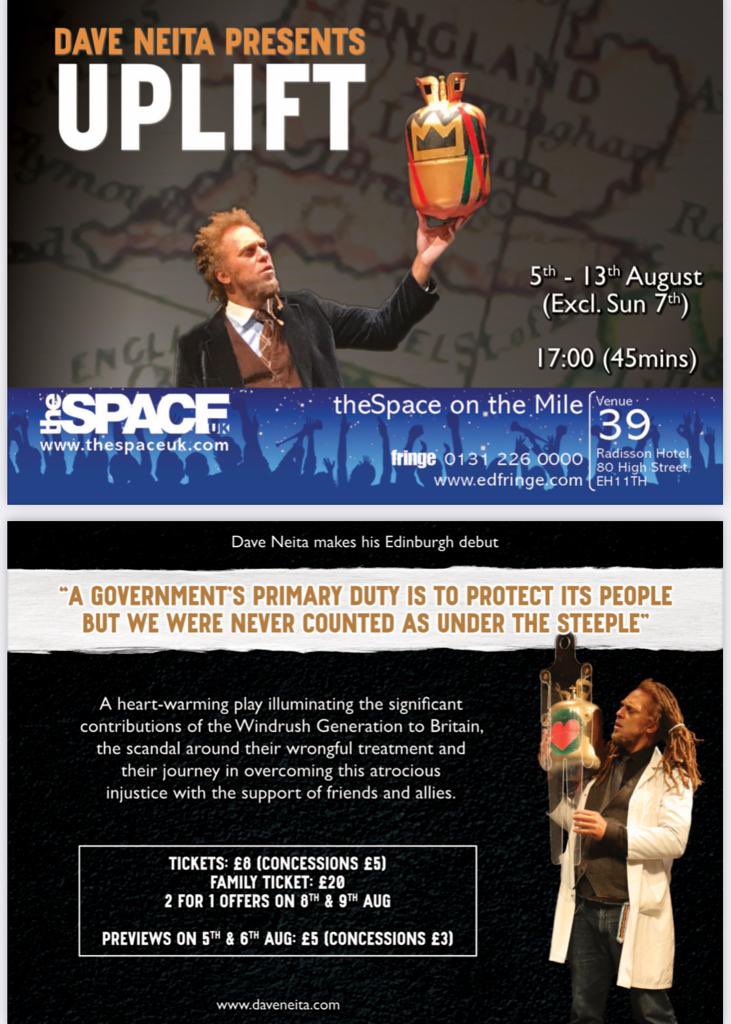 Go see #Uplift a #onemanshow at @edfringe written and performed exquisitely by @PoetryLawyer David Neita, depicting the injustice of the #Windrush scandal. I was fortunate to experience it on Monday and highly recommend. Three more shows; 11, 12, 13 at 17.00.