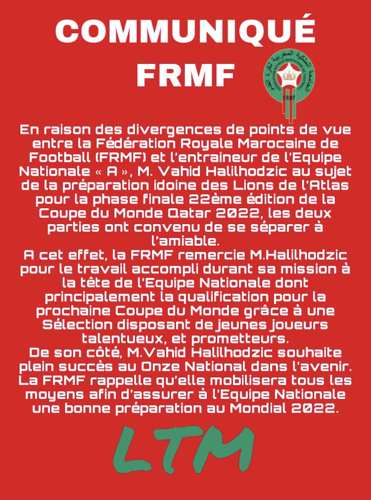 LTMOfficiel212's tweet photo. Communiqué officielle de la FRMF concernant le limogeage de Vahid Halilhodzič.
#LTM #FRMF #VahidOut #Maroc https://t.co/xyb3nsuGM2