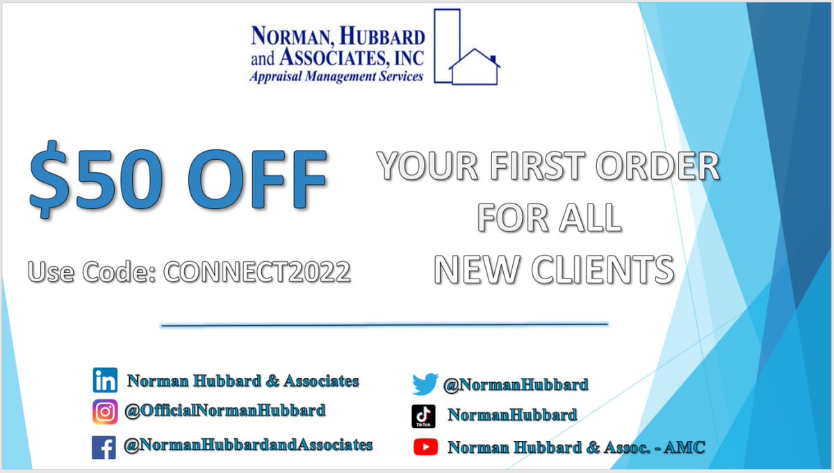 Starting today, get $50 Off Your First Order With Us For New Clients!

Website: normanhubbard.com
Email: NewOrders@normanhubbard.com

Also Find us on: Encompass, Reggora, AppraisalScope, AppraisalPort, BlackKnight, Mercury and many more as Norman Hubbard Nationwide – AMC!
