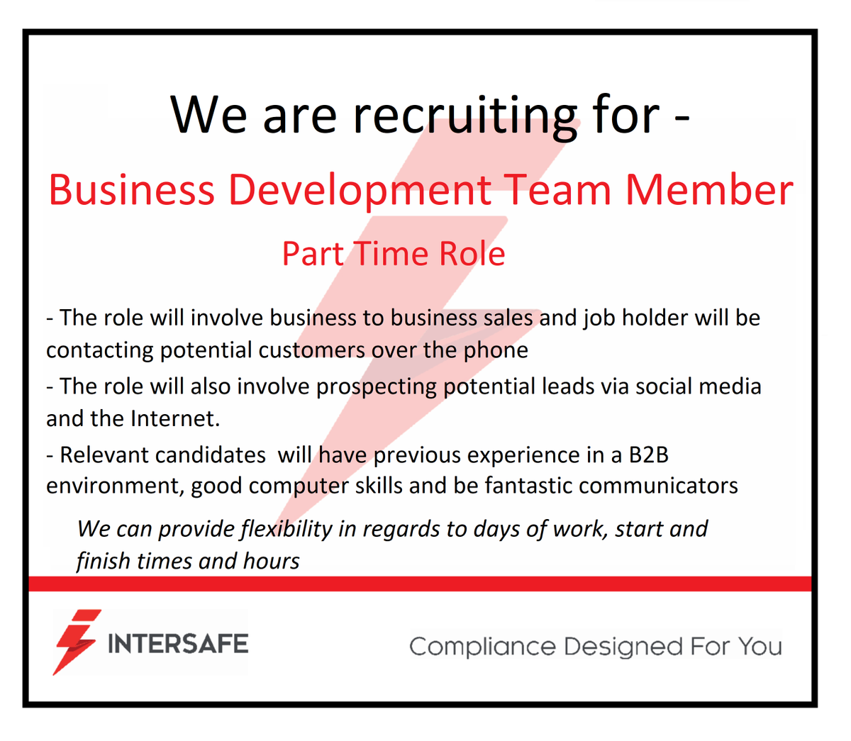 Intersafe_ltd's tweet photo. We are looking for candidates in regards to Business Development roles at our office in Southampton. If you are interested in these vacancies then please contact our Recruitment Manager Neil Durkin on 02380 610101 or neil@intersafe.co.uk #jobs #electricalcompliance https://t.co/COaYf1QTHK