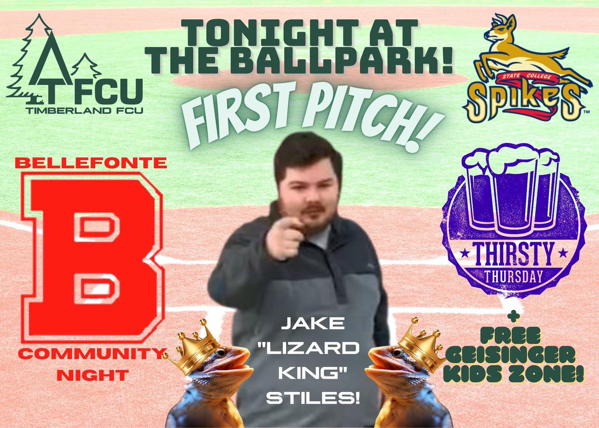 timberlandfcu's tweet photo. BIG NIGHT AT THE @SCSpikes GAME!
-Our very own Jake "Lizard King" Stiles throwing out the first pitch!
-Bellefonte Community Night!
-Thirsty Thursday!
-FREE Geisinger Kids Zone!
-TONS of TFCU swag to give out!
C U TONIGHT! #TalkTimber https://t.co/LKv7olridw
