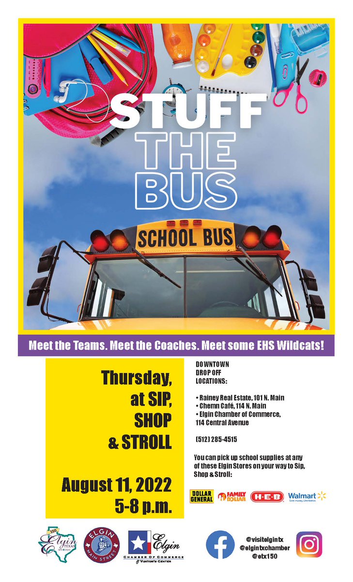 VisitElginTX's tweet photo. 🚍✏️Tonight is the night! 😀 Bring your school supply donations, meet some Wildcats, and then stroll the streets while enjoying a glass of wine, some dinner, and a little shopping!
#visitelgintx #backtoschool #shopsmall #supportlocal #stuffthebus #supportschools  #wildcats https://t.co/7dpFLXh8sM