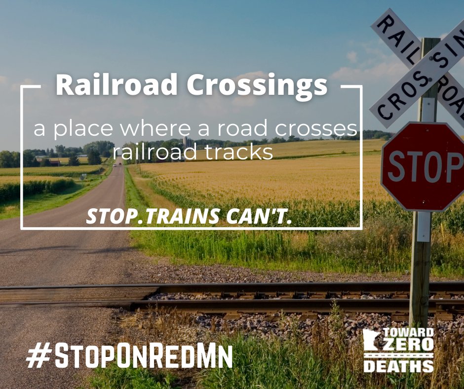 MNTZD's tweet photo. 🚂 Stop. Trains can’t. At railroad crossings, trains always have the right of way. Stop 15 feet away from flashing red lights, lowered gates, a signaling flagman or a stop sign. For more tips, visit @OperationLifesaverInc. #StopOnRedMN #StopOnRed2022 #StopOnRed https://t.co/bp2bIpGs0u