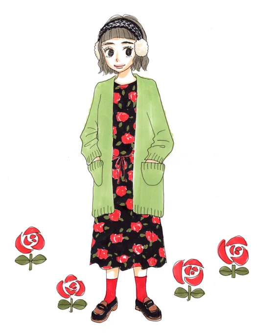 もう秋冬服がいとしくて…夏。過去絵ですけど、ニットとかファー小物とか柄物ワンピとかが大好きなのがこれらの絵から自分でもわかる。こーいう服いま売ってないんだよな～ 
