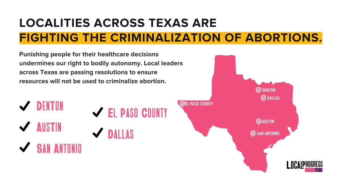 Local Progress (@localprogress) on Twitter photo Big things happening in Texas! Just yesterday, Dallas became the 5th locality in TX to fight the criminalization of abortion.
 
We applaud these five localities for using their legislative powers to ensure ALL people have the freedom to control their own bodies. #LiberateAbortion Big things happening in Texas! Just yesterday, Dallas became the 5th locality in TX to fight the criminalization of abortion.
 
We applaud these five localities for using their legislative powers to ensure ALL people have the freedom to control their own bodies. #LiberateAbortion