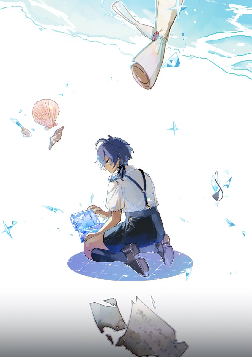 kaeya (genshin impact) shell male focus 1boy shorts aged down blue hair black shorts  illustration images