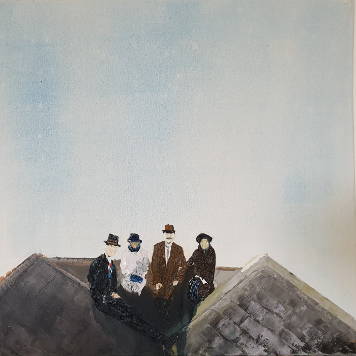 'Arthur', oil on canvas, 50 x 50 cm.

'Arthur Griffith sat on the rooftop flanked by the Swansy sisters. His smile was reticent next to Chris and Breege squinting into the winter sunlight, nestled together in the valley of the slate roof of no 3.'