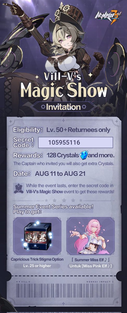 7sense3's tweet image. #Returnee #ReturneeCode #ReturnerCode

Use this code for 128 Crystals and more!
#HonkaiImpact3rd #Honkai #SummerEvent

Code #1:
105955116