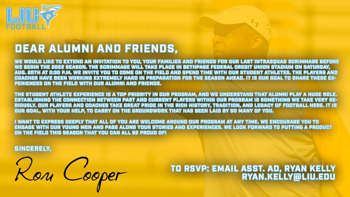 🚨Calling Alumni &amp; Friends!🚨

<a href="/CoachRCooper/">Ron Cooper</a> would like to invite all to the last scrimmage of the fall!

📍 Bethpage Federal Credit Union Stadium
📅 Aug. 20
⏰ 2:30 p.m.