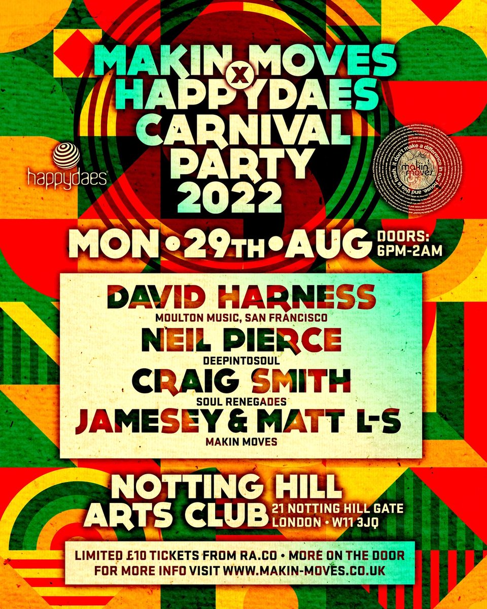 Looking 4ward 2 our joint #carnival party wth #happydaes on 29th Aug <a href="/NHAClub/">NottingHillArtsClub</a>!Heavy line up featuring myself + <a href="/djdavidharness/">David Harness</a> <a href="/djneilpierce/">Neil Pierce</a> #craigsmith &amp; my bro <a href="/JameseyD/">Jamesey</a> get your tix quick   ra.co/events/1563382 <a href="/residentadvisor/">Resident Advisor</a> #nottinghillcarnival #housemusic #makinmoves