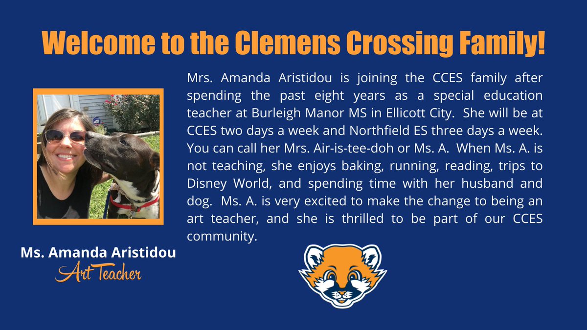 hcpss_cces's tweet photo. Please welcome our new Part-Time Art Teacher, Mrs. Amanda Aristidou. #gr8suCCESs #GetSetHCPSS https://t.co/jdj2mcP43g