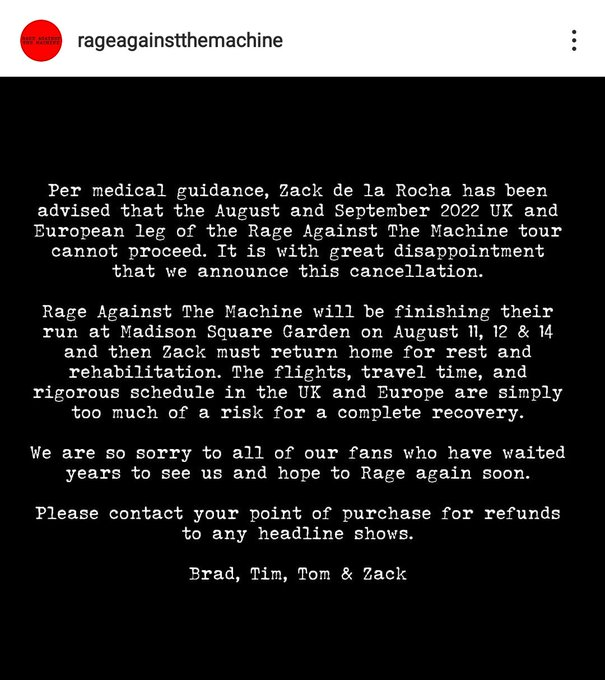 Muy bien que Rage Against the Machine cancelen las fechas europeas para que Zack esté descansado y su rodillita esté bien puesta para cuando vengan a Colombia en diciembre 
*sufre*
*llora*
*comienza una cadena de oración*