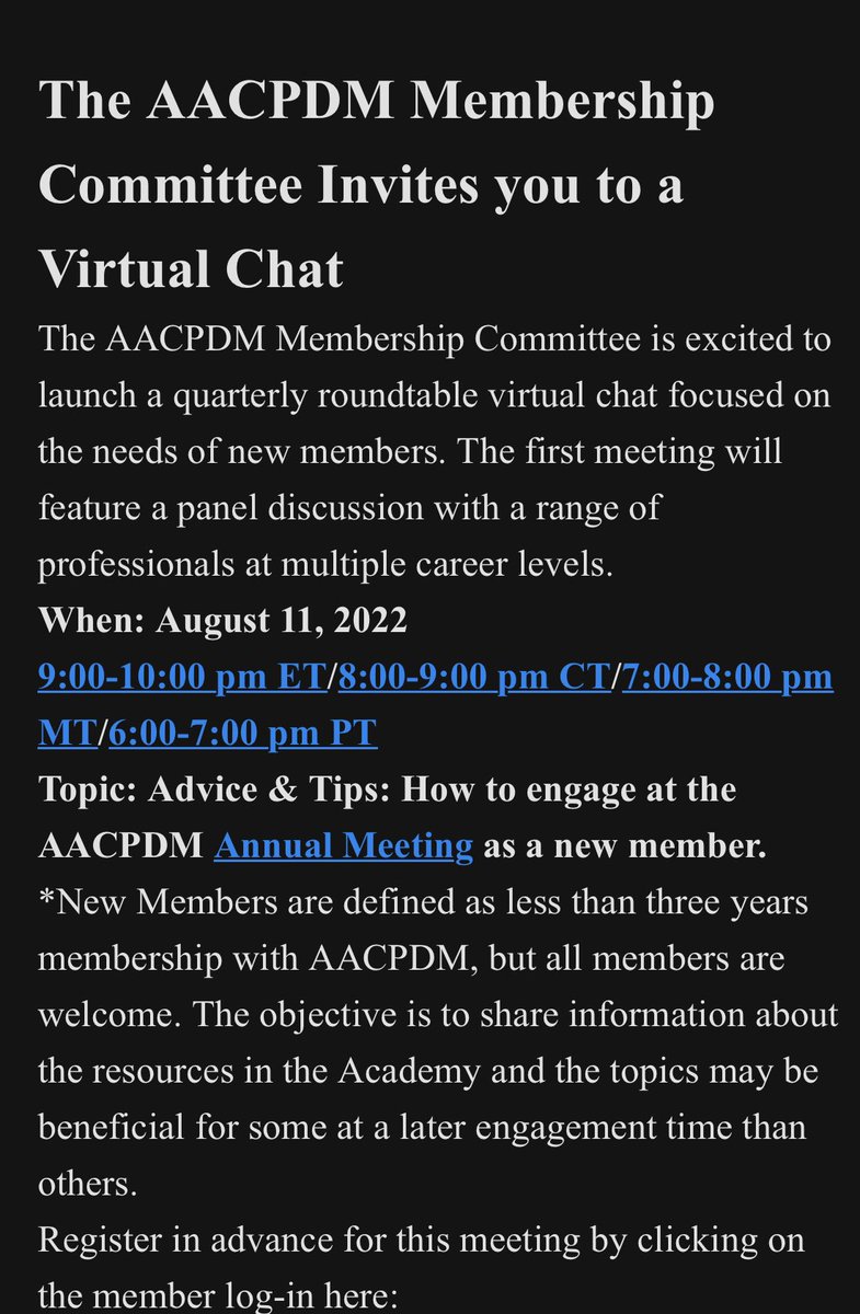 BenjaminShoreMD's tweet photo. Calling all New Members to AACPDM! Don’t forget to sign up tonight August 11, 2022
9:00-10:00 pm ET/8:00-9:00 pm CT/7:00-8:00 pm MT/6:00-7:00 pm PT
Register in advance for this meeting by clicking on the member log-in here: https://t.co/yuK3shNB7r
#aacpdm #cerebralpalsy https://t.co/IpM1AUIXvP