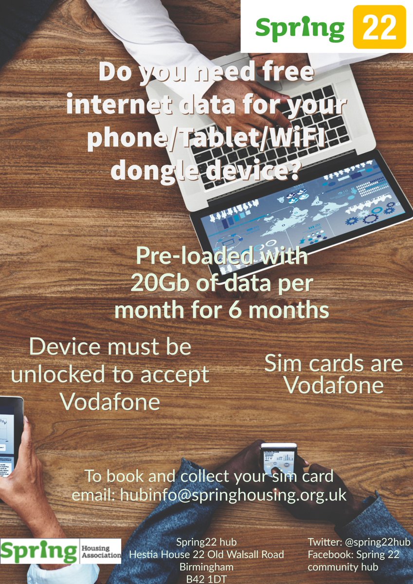 Know someone struggling to get online? Do they need FREE Data to access the Internet?📲💻The @Spring22Hub can now offer a SIM card preloaded with FREE DATA! All you need is an unlocked device to accept the SIM! @SpringHousing @GoodThingsFdn @Online_Centres #digital #community