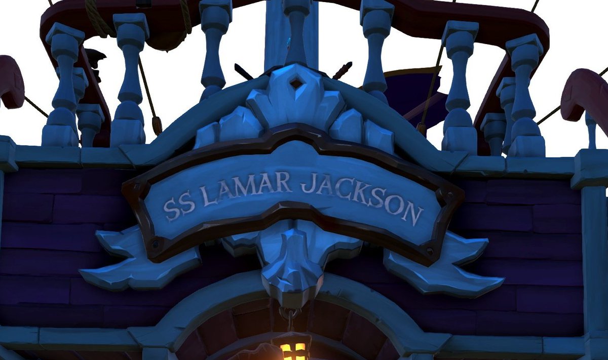 SOT_Shiptalk's tweet photo. @SeaOfThieves The SS Lamar Jackson is the swiftest, most purply Galleon you'll ever see out on the waves. https://t.co/iPOPv4Z4iv