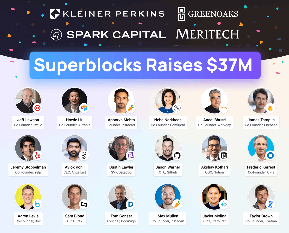 Excited to announce @superblocks $37M funding round led by @kleinerperkins, @sparkcapital, @MeritechCapital & Greenoaks alongside world-renowned operators We’re on a mission to save developers 1000s of hours building custom internal tools. A thread 👇 bit.ly/3QjSVZ0