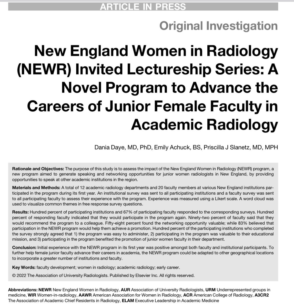 Erina Quinn, DO (@erina_quinn) on Twitter photo 📄 In Press <a href="/AcadRadiol/">Academic Radiology</a>
What does the NEWR program do for #womeninradiology?
Provide an opportunity for:
✅Skill Development
✅Networking
✅Promotion
✅Career Advancement
Goal:⬇️gender disparities & ⬆️visibility of women faculty in radiology
academicradiology.org/article/S1076-… 📄 In Press <a href="/AcadRadiol/">Academic Radiology</a>
What does the NEWR program do for #womeninradiology?
Provide an opportunity for:
✅Skill Development
✅Networking
✅Promotion
✅Career Advancement
Goal:⬇️gender disparities & ⬆️visibility of women faculty in radiology
academicradiology.org/article/S1076-…