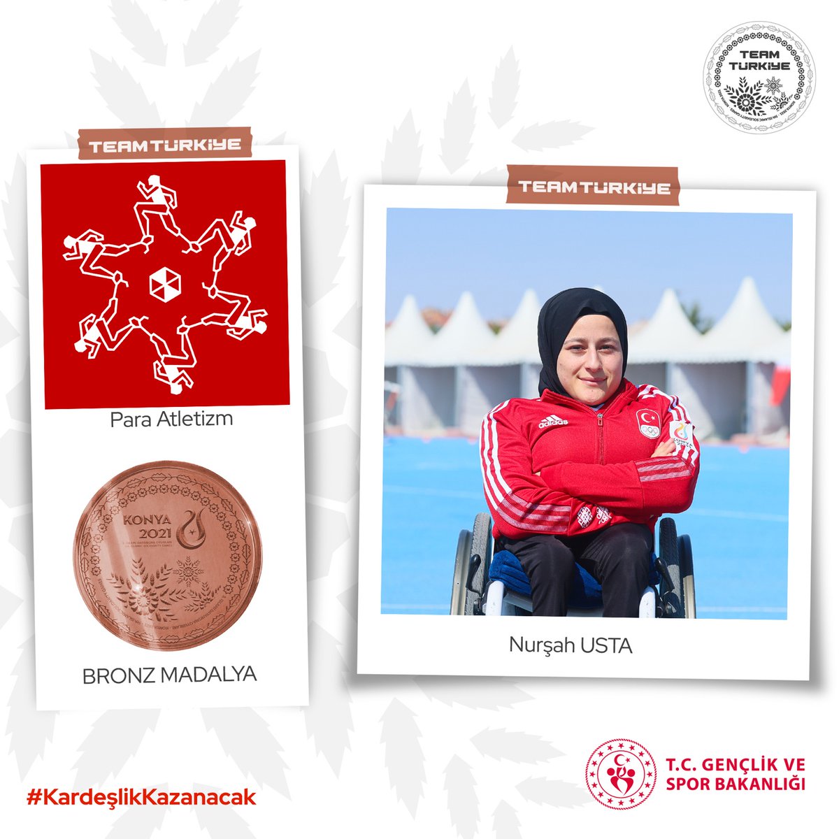 🥇🥈🥉Para atletizmde zirvedeyiz!

#Konya2021 5. İslami Dayanışma Oyunları'nda para atletizm kadınlar T53-54 sınıfı 100m finalinde ülkemizi temsil eden sporcularımızdan Zübeyde Süpürgeci altın, Zeynep Acet gümüş ve Nurşah Usta bronz madalya kazandı.👩‍🦽🇹🇷

Tebrikler!👏