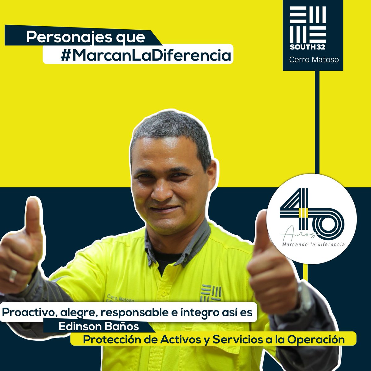 CerroMatosoSA's tweet photo. Edinson es otro de los personajes del  equipo #Matosero dispuestos a  #MarcarLaDiferencia. 🤍Gracias Edinson por contagiarnos de tu sonrisa y por ser parte de nuestros 40 años de historia.👷‍♂️ https://t.co/9CoUANAKBc