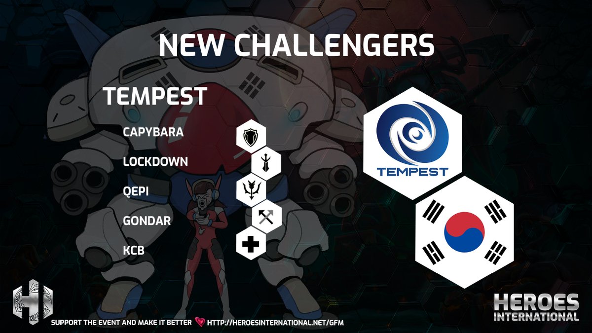 We are excited to announce the first team that has qualified for the Heroes International LAN in Miami! Congratulations to the Korean team <a href="/TEMPEST_Hots/">TEMPEST</a> ! 

🛡️CapyBara
👊<a href="/Lockdown_47/">Lockdown</a> 
🏹Qepi
⚔️Gondar
🩹Kcb

🌐heroesinternational.net
💰heroesinternational.net/gfm