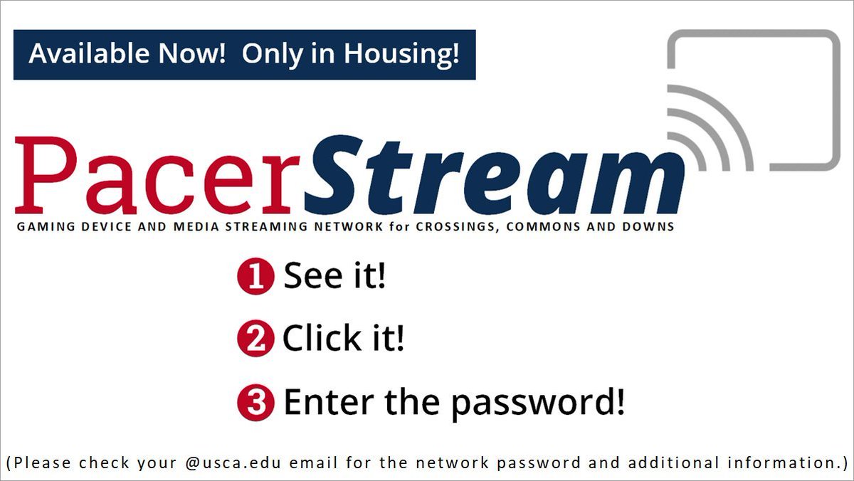 ErnestPringle's tweet image. Have a smart TV or gaming system you would like to connect to the internet in a USC Aiken residence hall? Remember to connect to PacerStream.  It's fast, secure and built for entertainment devices