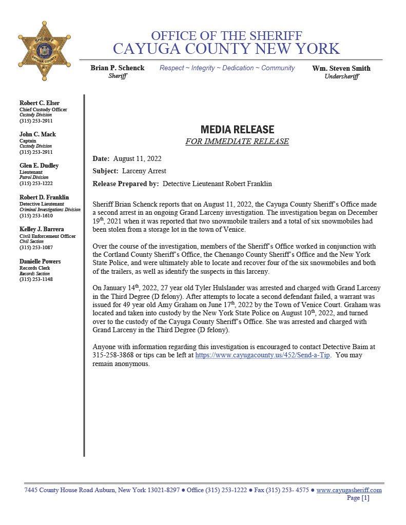 Cayuga County Sheriff's Office tweet media