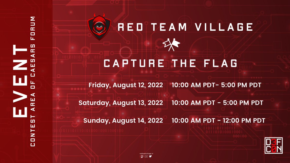 RedTeamVillage_'s tweet photo. Calling all @defcon competitors: get your @MountainDew Code Red chilled and ready for the #CTF, Friday, 10 AM, Competition Hall, Forum #Caesars.
#TGIF #DEFCON30. We have incredible winner prizes by our incredible sponsors. https://t.co/PLor1klpHY https://t.co/VD2Rwkbxky